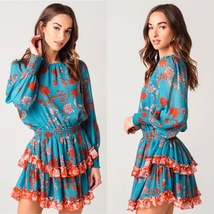 MISA Los Angeles Camila Mini Floral Long Sleeve Dress Teal NWT XS